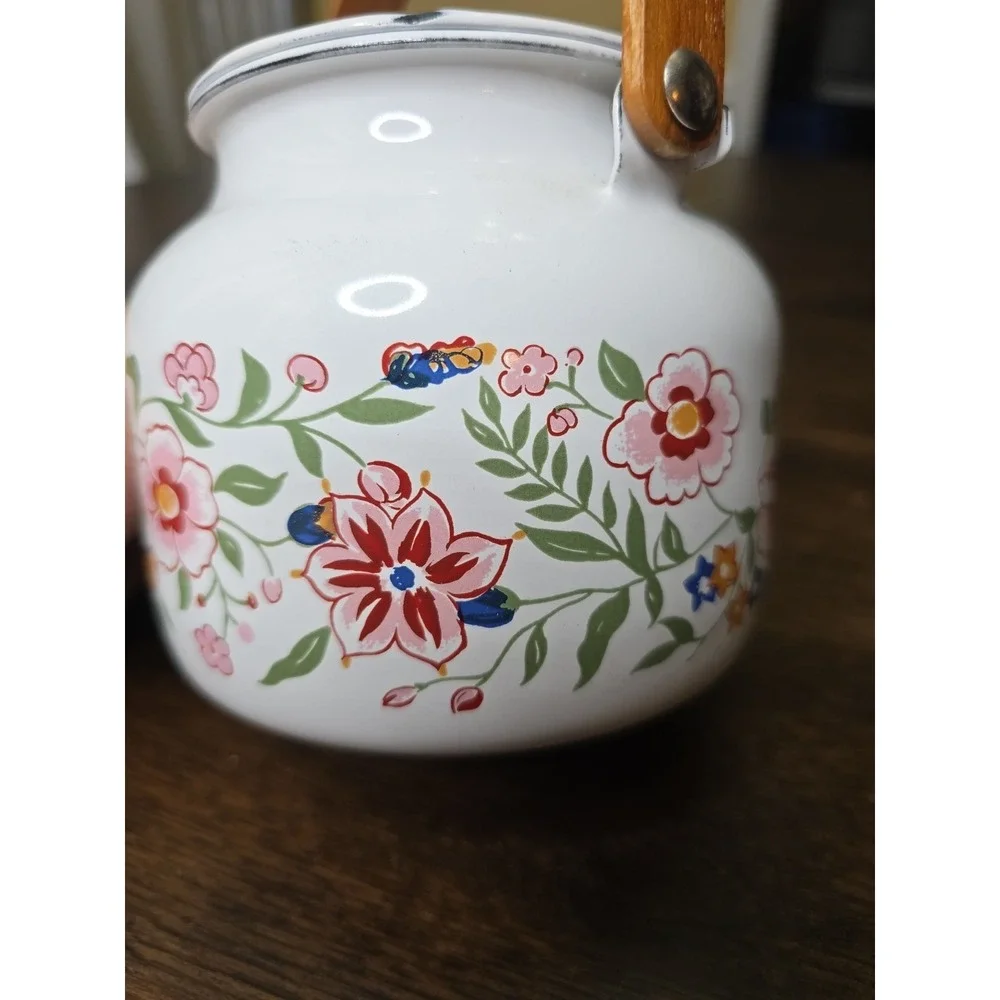 Vintage 80s Gailstyn-Sutton Enamelware Teapot Kettle‎ Country Flower Wood Handle